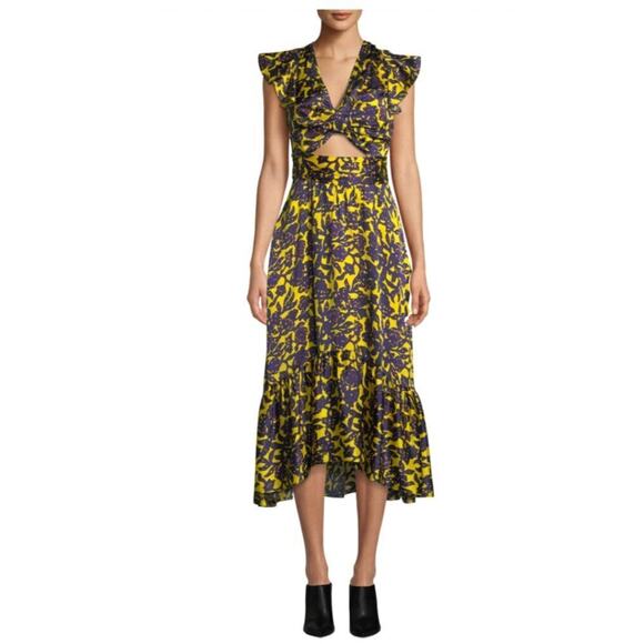 A.L.C Sz 2 Valencia Purple Yellow Floral Silk Cutout Ruffle Midi Dress - Picture 1 of 13